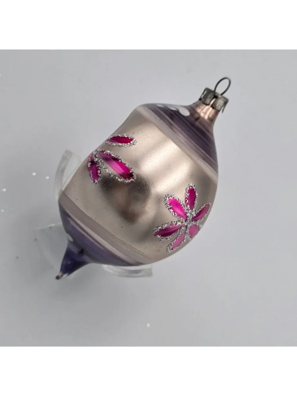 Reflector Glass Ornament Teardrop Indent Purple PInk Flowers Christmas 4